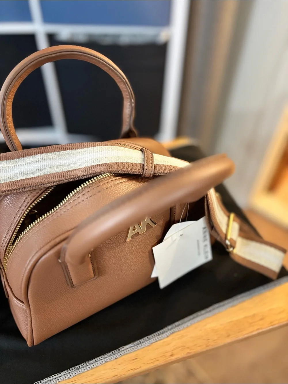 Anne Klein Tan Dome Satchel with Gold Hardware